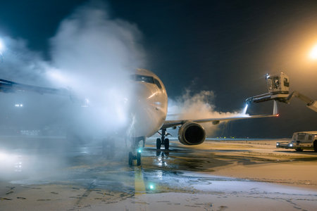 Deicing of airplane before flight. Winter frosty night and ground service at airport during snowfall.の写真素材