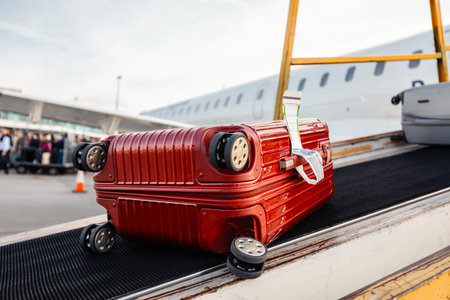 Loading of luggage to airplane. Red suitcase on conveyor belt at airport.の写真素材