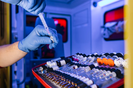 Close-up of paramedic hands holding ampoule with medication in ambulance car of emergency medical service.の写真素材