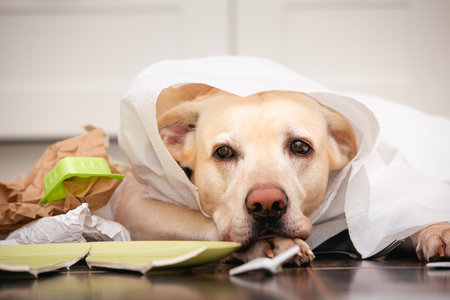 Naughty dog ââat home in kitchen. Sad labrador Retriever in the middle of mess and broken dishes.の写真素材