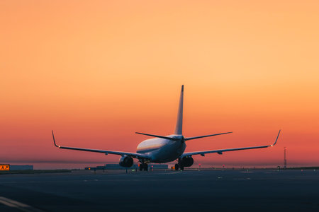 Traffic at airport at golden sunrise. Wide shot of passenger airplane taking off from runway.の写真素材