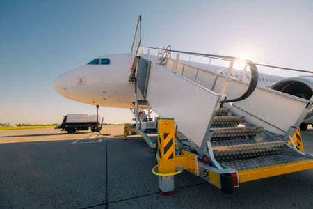 Mobile staircase ready for boarding to airplane at airport on a sunny day.