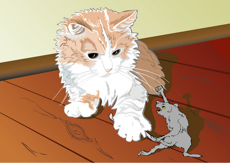 A humorous picture in which a cat caught an old rat and the rat is trying to release it's tail from cat's claws.のイラスト素材