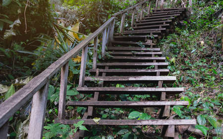 Old wooden stairs used to climb to the top of the mountain.の写真素材