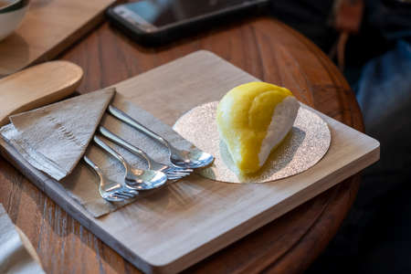 Delicious mojiet durian served on wooden chopsticks.の写真素材