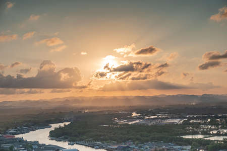 Sea view from high view point River view and sunset view Chumphon Province, Thailandの写真素材