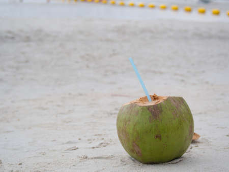 Sunny beach with coconut drinkの写真素材