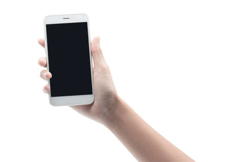 Female hand holding White cellphone with black screen isolated on white background with clipping...
