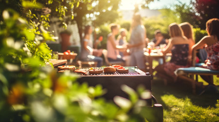 Family and friends having a picnic barbecue in the garden. Enjoy eating blurred backgrounds.illustration by Generative AIの素材