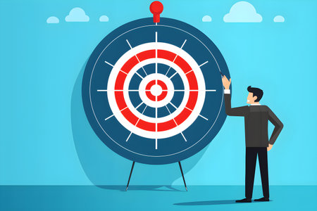 Businessman with large dart board dart target circle target business goal concept blue
background,vector, illustration by Generative AIの素材