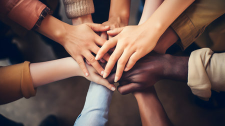 Top view of diverse people hands holding together, support in teamwork, concept of unity of sales team,  close up top view. illustration by Generative AIの素材