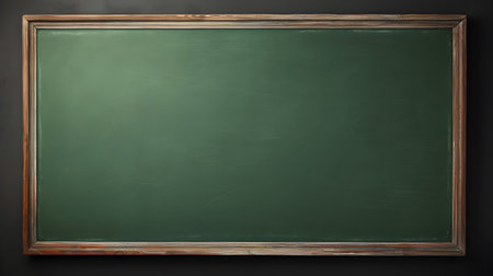 A blank green chalk board hangs on a dark wall. and copy space Billboard wooden frame for inserting messages, illustration by Generative AIの素材