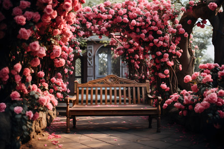 A wooden bench with a design surrounded by roses is used for taking photos. illustration by Generative AIの素材