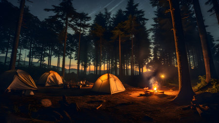 Spend the night camping around the campfire. illustration by Generative AIの素材