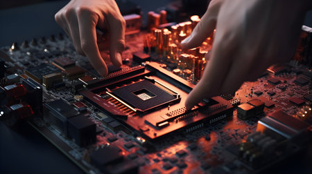 The technician will place the CPU in the socket. illustration by Generative AIの素材