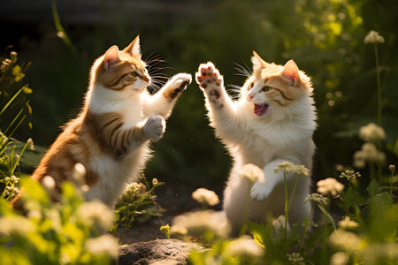Cats fighting each other, paws jumping, outdoor environment illustration by Generative AIの素材