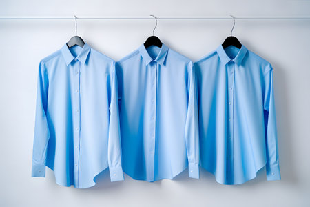 Men's shirts, blue theme, hung on the front wall. illustration by Generative AIの素材