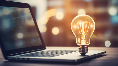 Laptop with light bulb, concept in business field illustration by Generative AIの素材