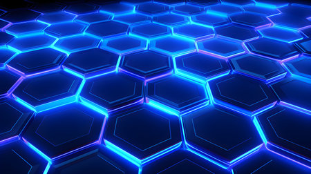 Digital hexagon blue abstract background blue neon illustration by Generative AIの素材