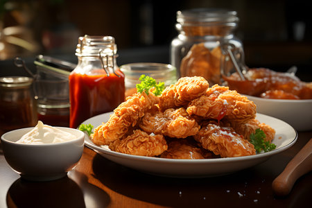 Crispy fried chicken, ketchup, chili sauce bottle illustration by Generative AIの素材