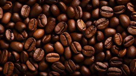 Top view of brown coffee beans scattered on the surface. illustration by Generative AIの素材