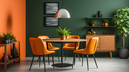 Orange leather chairs at a round dining table behind a green wall. illustration by Generative AIの素材