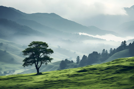 Green hill scene Trees and fog layer the hills. illustration by Generative AIの素材
