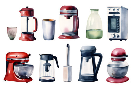 watercolor of kitchen appliance icon setdry isolated on white background illustration by Generative AIの素材