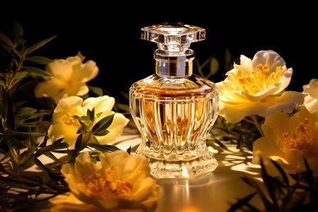 Clear backlit perfume bottle with yellow flowers. illustration by Generative AIの素材