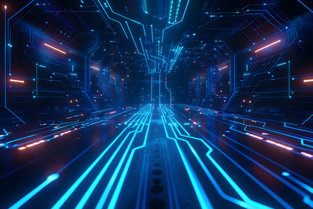 abstract technology background neon circuit blue neon illustration by Generative AIの素材