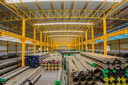 Steel pipes storage in warehouseのeditorial素材
