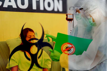 COVID-19 medical team young woman infected with respiratory disease uses a ventilator, checks her...