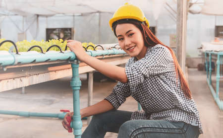 Portrait beautiful asian businesswomen wear safety hats for yellowing, sitting, working, checking...