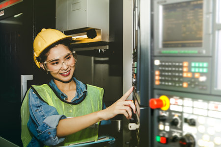Female industrial technician in safety uniform, technical supervision, control cabinet, electrical...