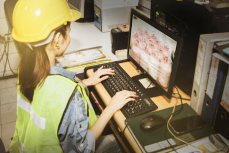 Blur image top view female employee wearing a safety suit is sitting in the office checking the...