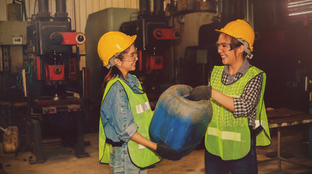 Teamwork two Asian female workers work together safely to help transport plastic drums containing liquids to and safely store them inside a manufacturing plant of industrial machinery.の写真素材