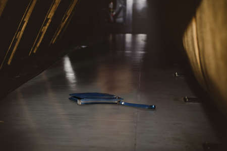 Lost wallet concept : Woman's purse dropped on a dark corridor, while watching a movie in a cinema.の写真素材