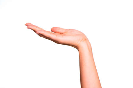 Open hand palm up woman isolated on white background : Clipping Pathの写真素材