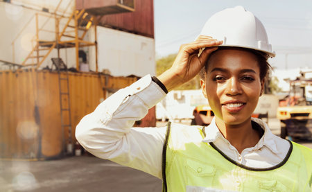 Happiness African American female workers wearing helmet.の写真素材