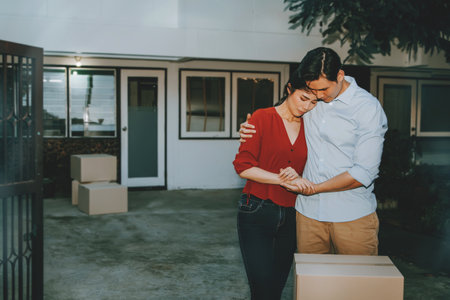Concept House sales and relocation : Unhappiness of couples who had to move out of their homes sadly due to financial problems and the recession.の写真素材