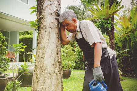 Elderly Asian men experience faint and fatigue due to working outdoors, hot summer weather causes deformity, dizziness, standing, balancing on the trees.の写真素材