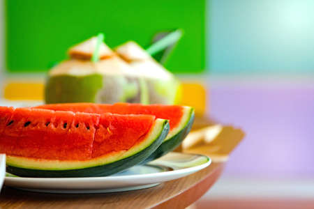 Fresh watermelon and coconut are ready to eat.の写真素材