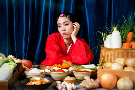 Beautiful Asian woman wearing a red hanbok is sitting, considering and finding fresh vegetable cooking methods for preparing Korean traditional food recipes for Kimchi in her home : Selective Focusの写真素材
