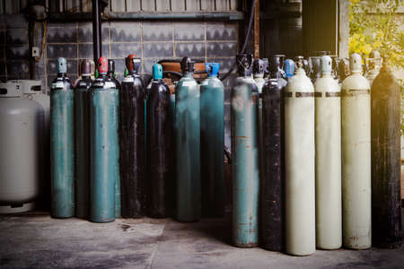 Safety first : The space for many oxygen and argon tanks is arranged in a ventilated and secure location in the welding industry.の写真素材