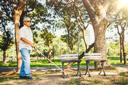 The life of a blind senior Asian man uses a cane to lead the slow path to a wooden chair to sit and relax in the afternoon garden in the clear air.の写真素材