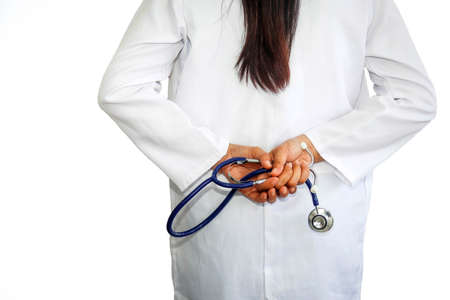 Back view professional senior female doctor in white medical uniform and stethoscope health care service : Health care concept and medical or wellness.の写真素材