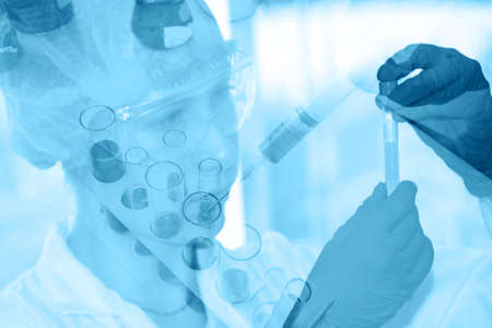 Double exposure female scientists examine the culture of vitro, research, experiment and laboratory...