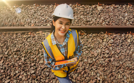 Top view Portrait beautiful professional asian female engineer working in the field outdoors at the garage diesel locomotive train station smiling at the camera graceful pose.の写真素材