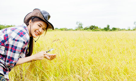 Portrait female farmer in an outdoor hat uses magnifying glass to look at the grains of rice in the fields that thrive with happiness and smiles : Successful business woman farmerの写真素材