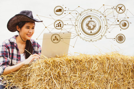 Business woman farmer using laptop in modern rice planting communication network logistics foreign export online trade rice export industry business forage hay products.の写真素材